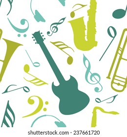 Musical instrument and musical notes with seamless pattern.