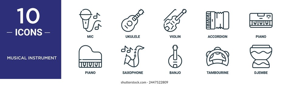musical instrument outline icon set includes thin line mic, ukulele, violin, accordion, piano, piano, saxophone icons for report, presentation, diagram, web design