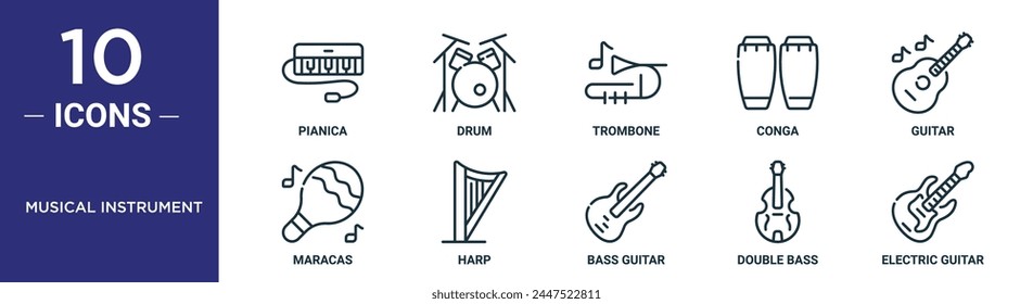 musical instrument outline icon set includes thin line pianica, drum, trombone, conga, guitar, maracas, harp icons for report, presentation, diagram, web design