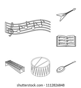 Musical instrument outline icons in set collection for design. String and Wind instrument isometric vector symbol stock web illustration.