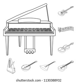 Musical instrument outline icons in set collection for design. String and Wind instrument isometric vector symbol stock web illustration.