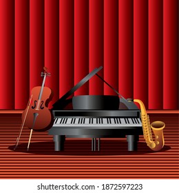 musical instrument piano saxophone and cello on the stage vector illustration detailed