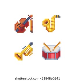 Musical instrument pixel art web icons set. Trumpet, drum, violin and saxophone  Design for logo game, sticker, web, mobile app, badges and patches. Isolated vector illustration.