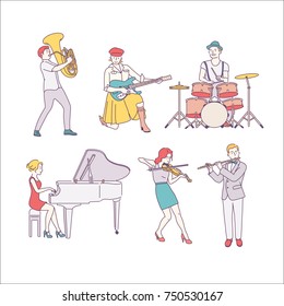 Musical instrument players character hand drawn illustrations. vector doodle design 