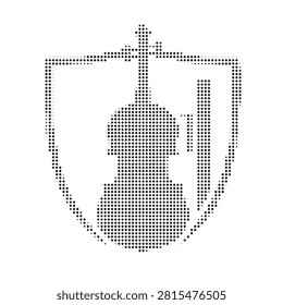 Musical instrument protection concept featuring a violin silhouette enclosed in a badge. Dotted halftone style graphic for orchestra, arts, and security.