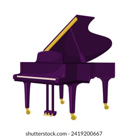 Musical instrument purple grand piano with golden wheels. Classical orchestra instrument isolated on white background. Flat style design icon. Violet color special version design. vector illustration
