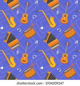 Musical Instrument Seamless Pattern with Saxophone, Guitar, Drum, and Accordion. You can use this design to create poster, tshirt, pillow, tote bag, pouch, phone case, etc.