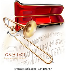 Musical instrument series. Classical trombone, isolated on white background with musical notes. Vector illustration