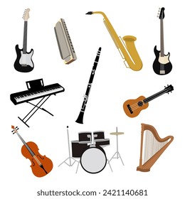 Musical instrument set. Accordion, guitar, harp, ethnic drum, violin, saxophone,keyboard,ukulele. Can be used for orchestra, acoustic concert, music, school concept.for learning banner or poster