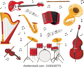 Musical Instrument Set. Accordion, Trumpet, Flute, Bass Guitar, Harp, Drums, Violin, Saxophone, Double Bass. Concept For Orchestra, Acoustic Concert, Music School.