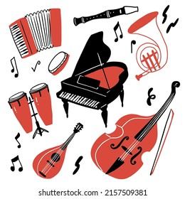 Musical instrument set. Can be used for orchestra, acoustic concert, music, school concept. Hand drawn vector illustration doodle style.