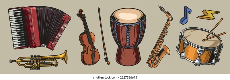 Musical instrument set colorful emblems vintage classical instruments for orchestra members with drum and violin or jazz trumpet vector illustration