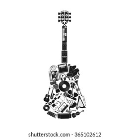 Musical instrument set in guitar form, vector illustration