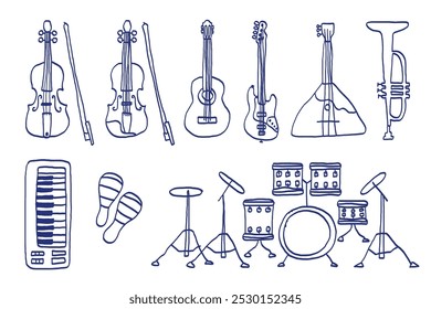 Conjunto de instrumentos musicais. Violão, violino e tambor. Trompete, teclado midi e maracas. Esboço desenhado à mão. Caneta azul ou desenho marcador. Imagem infantil primitiva