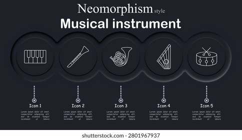 Musical instrument set icon. Line icons with piano keys, flute, french horn, harp, drum for sound performance collection.