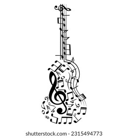 Musical instrument shape with music notes, symbol isolated on white background, vector illustration.