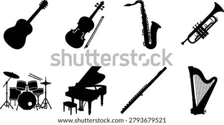 Musical Instrument Silhouette Collection Featuring Guitar Violin Saxophone Trumpet Piano Drum Flute and Harp