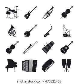 Musical instrument silhouettes for jazz music vector icons set