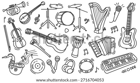 Musical instrument sketch set. Doodle saxophone, guitar and piano for jazz band or orchestra background. Hand drawn drum, violin and trumpet for sound, melody and retro party vector design.