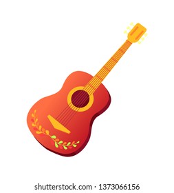 Musical instrument, spanish guitar with ornament vector. Mexico or Spain symbol. Fiesta and Cinco de Mayo holiday, mariachi musician item, celebration