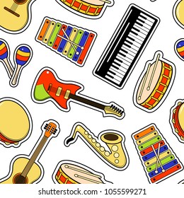 Musical Instrument Sticker Seamless Pattern Background Include of Maraca, Tambourine and Keyboard. Vector illustration of Musical Instruments and Equipments Stickers