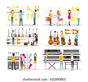 Musical instrument store interior set. Isolated illustrations on wite background.