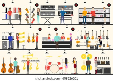 Musical Instrument Store Interior Vector Illustration Set