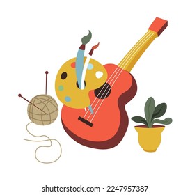 Instrumento musical, guitarra acústica de cuerda y paleta con colores para dibujar. Tejidos y jardinería, plantas de cultivo. Hobbies y tiempo libre, actividades en casa para divertirse. Vector de estilo plano