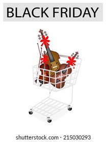 Musical Instrument String, An Illustration Collection of Beautiful Violin, Cello and Double Bass with Bows on Brown Stage Background 