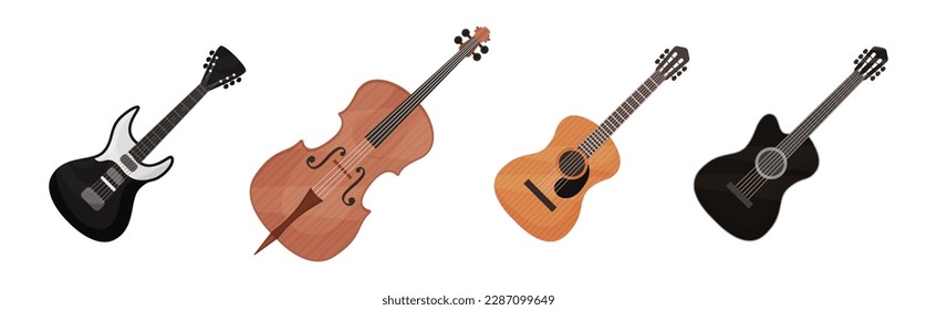 Musical Instrument with Stringed Guitar and Cello Vector Set