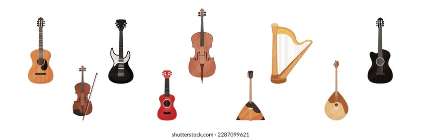 Musical Instrument with Stringed Guitar, Violin, Harp and Balalaika Vector Set