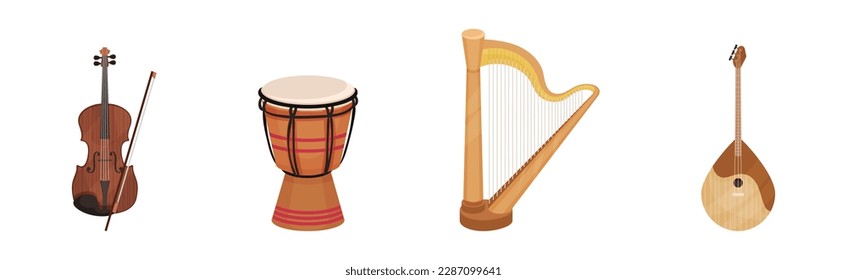 Musical Instrument with Stringed Violin, Drum, Harp and Balalaika Vector Set