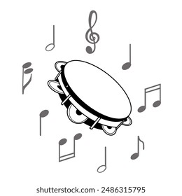 Musical instrument - tambourine, notes. Vector illustration. All objects are hand-drawn in black in vector. Suitable for printing on invitations, posters, cards.