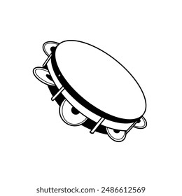 Musical instrument tambourine. Round musical instrument. Vector illustration. All objects are hand-drawn in black in vector. For printing on invitations, posters, cards.