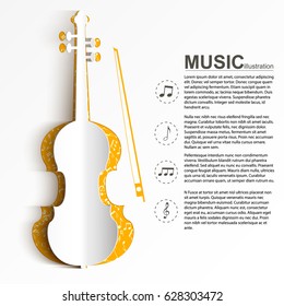 Musical instrument template with text paper white violin silhouette and notes icons on light background vector illustration