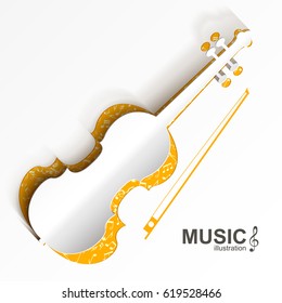 Musical instrument template with white cut out paper violin silhouette and notes icons isolated vector illustration