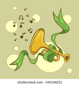 Musical instrument trumpet entwined with green ribbon. Notation as sound. Stock vector illustration.