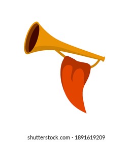Musical instrument. Trumpet. Golden horn with flag. Solemn event. Element of celebration and awards. Sound and melody. Flat cartoon illustration