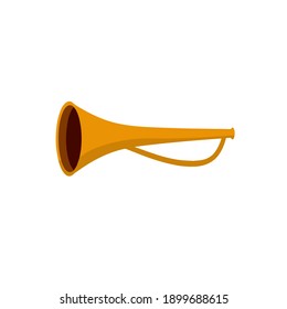 Musical instrument. Trumpet. Golden horn with flag. Solemn event. Element of celebration and awards. Sound and melody. Flat cartoon illustration
