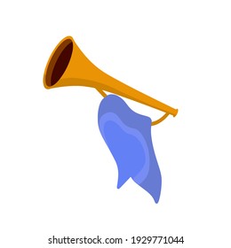 Musical instrument. Trumpet. Golden horn with flag. Solemn event. Element of celebration and awards. Sound and melody. Flat cartoon illustration