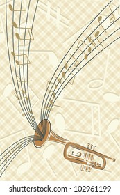 Musical instrument Trumpet with musics flowing, vector illustration.