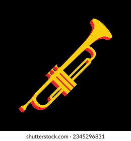 Musical instrument Trumpet sign. 3D Extruded Yellow Icon with Red Sides a Black background. Illustration.