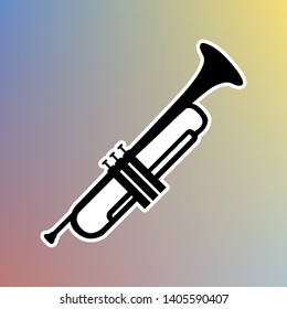 Musical instrument Trumpet sign. Black icon in white shell at pastel color background. Illustration.