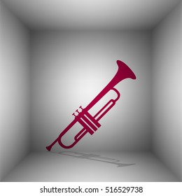 Musical instrument Trumpet sign. Bordo icon with shadow in the room.