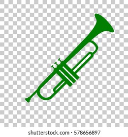 Musical instrument Trumpet sign. Dark green icon on transparent background.