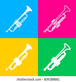 Musical instrument Trumpet sign. Four styles of icon on four color squares.