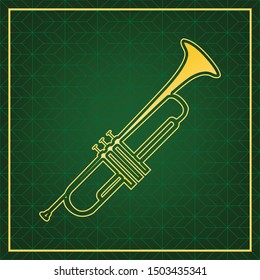 Musical instrument Trumpet sign. Golden icon with gold contour at dark green gridded  background. Illustration.