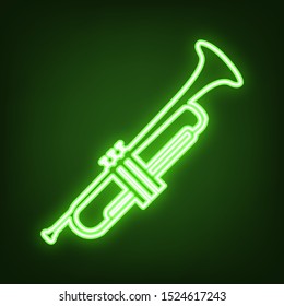 Musical instrument Trumpet sign. Green neon icon in the dark. Blurred lightening. Illustration.
