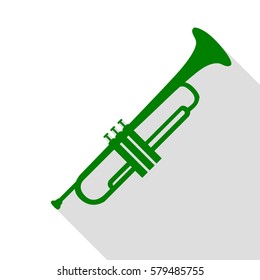 Musical instrument Trumpet sign. Green icon with flat style shadow path.
