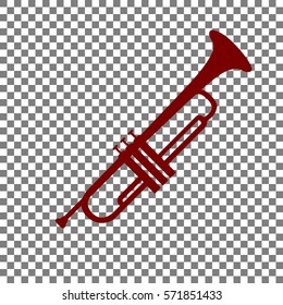 Musical instrument Trumpet sign. Maroon icon on transparent background.